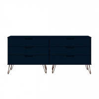 Manhattan Comfort 155GMC4 Rockefeller 6-Drawer Double Low Dresser with Metal Legs in Tatiana Midnight Blue